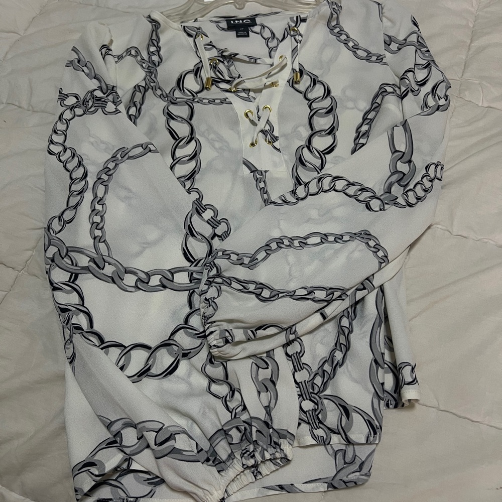 INC International Concepts Cream and Black Chain Print Top